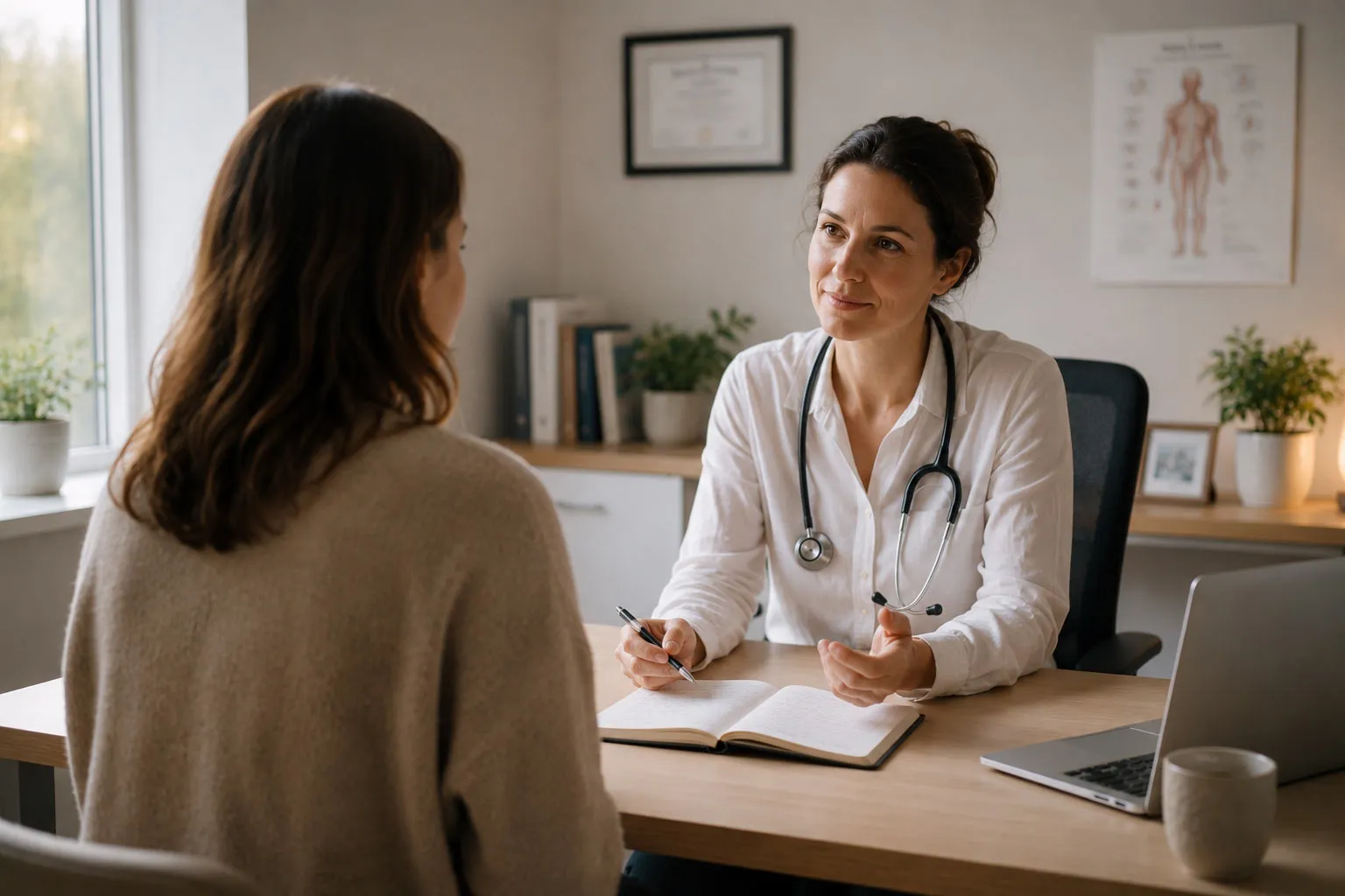A person sitting across from their GP during a consultation, discussing a mental health treatment plan