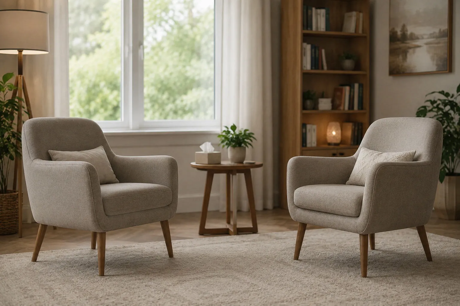Two empty chairs facing each other in a warm therapy room, representing the therapeutic relationship in attachment-focused EMDR