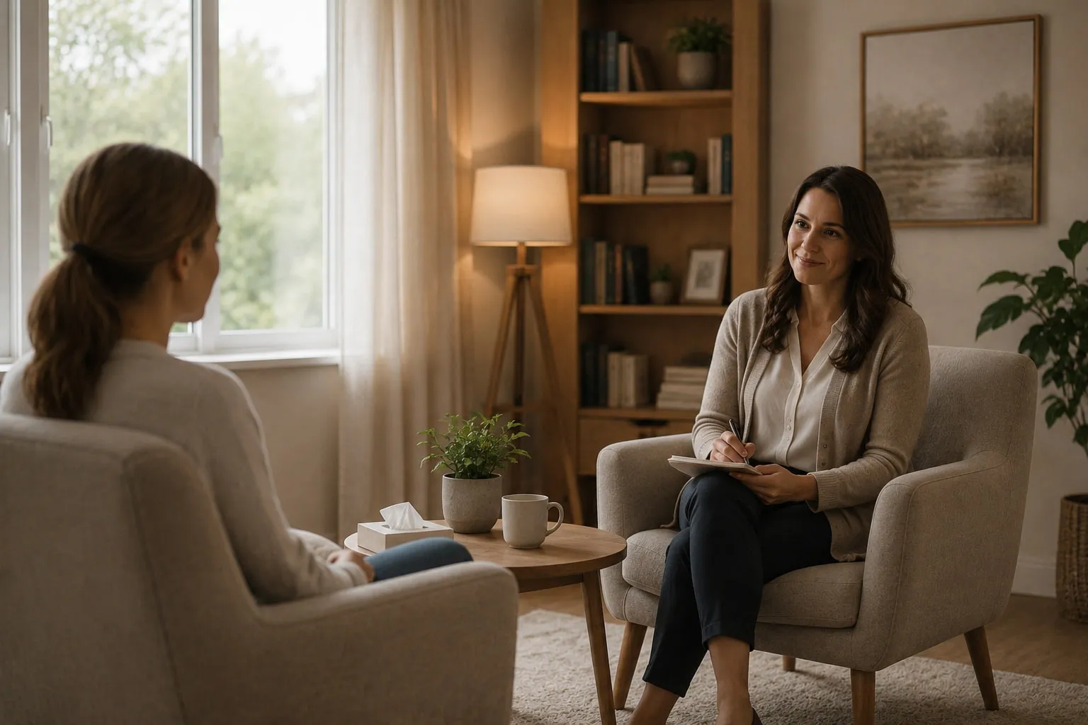 Therapist and client in a warm, calm therapy room, representing the relational focus of attachment-informed EMDR
