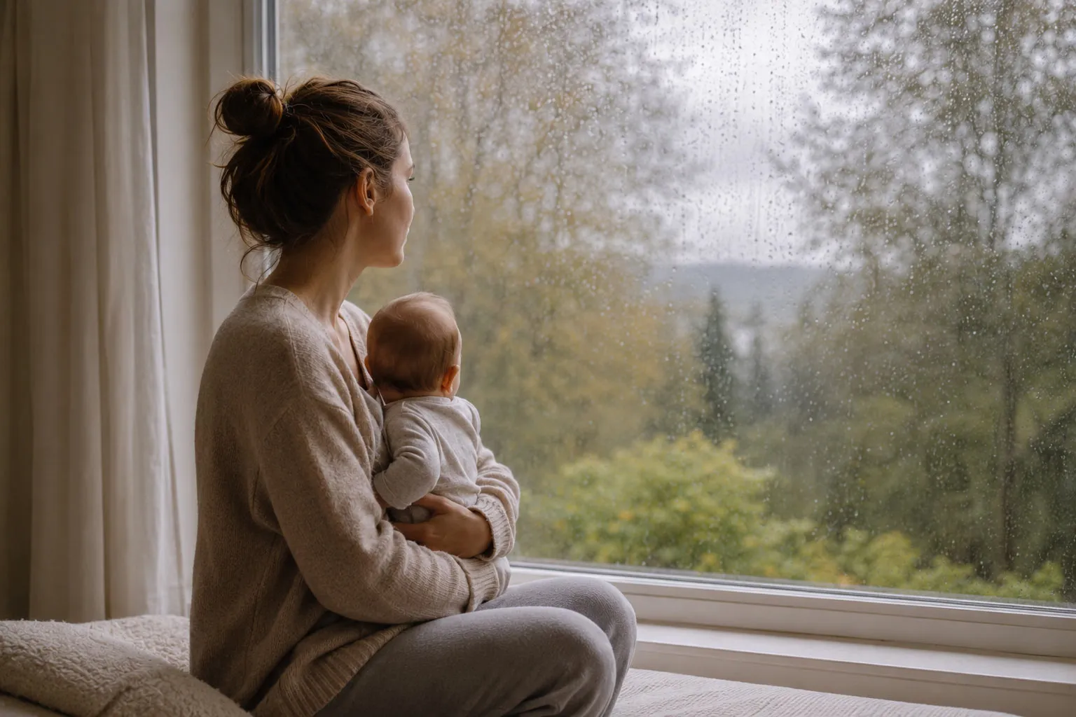 A new parent sitting quietly by a window, holding their baby, conveying a reflective and tender moment