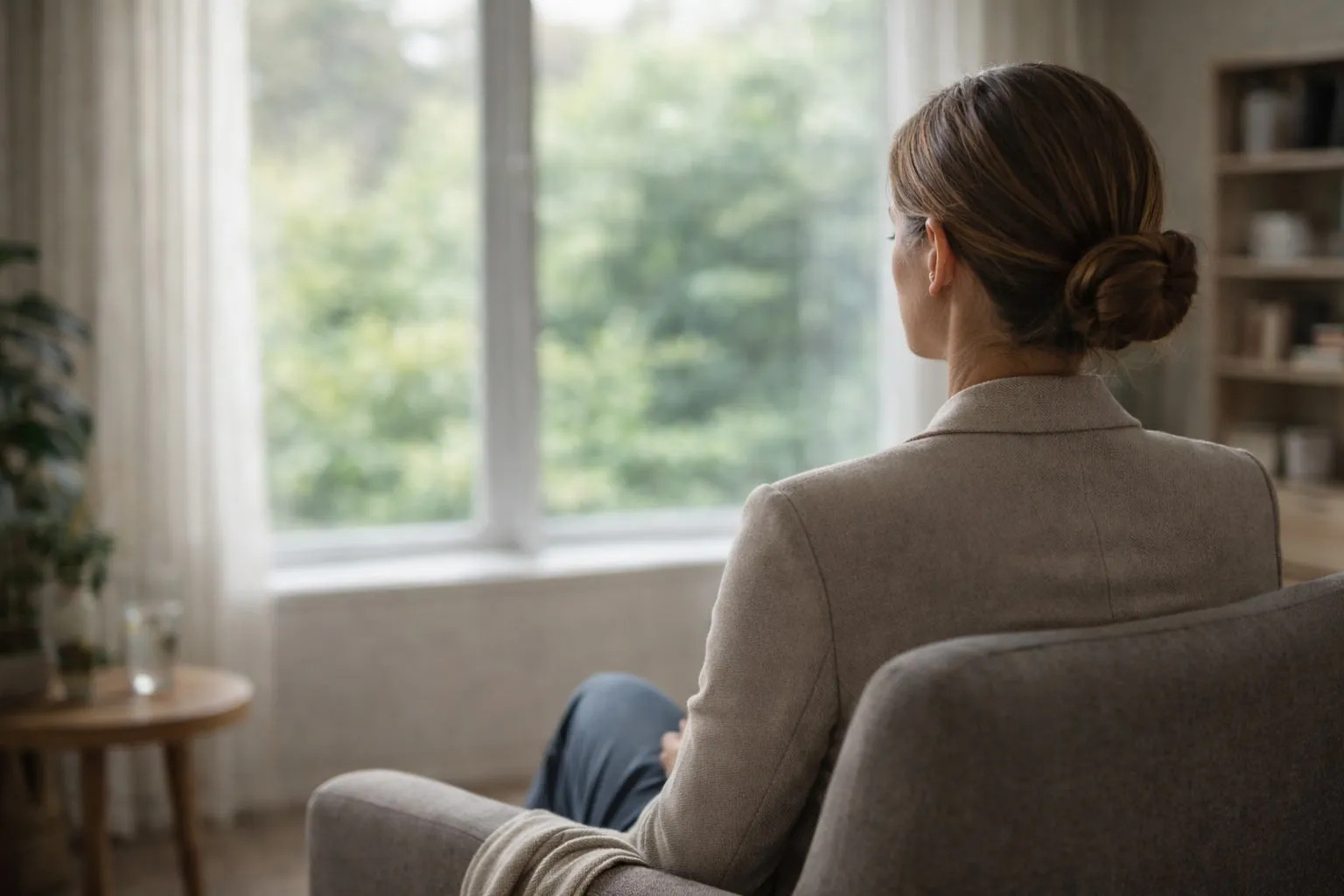 Person sitting quietly looking out a window, reflecting on stress and recovery