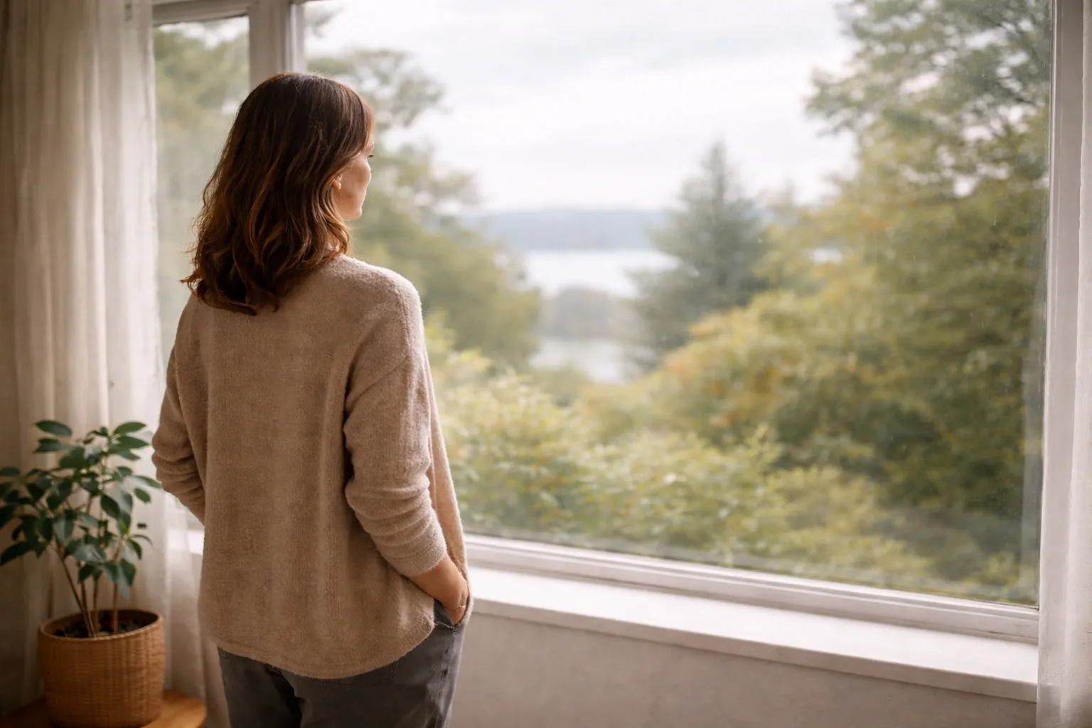 Person sitting by a window looking thoughtfully into the distance, representing dissociation and disconnection