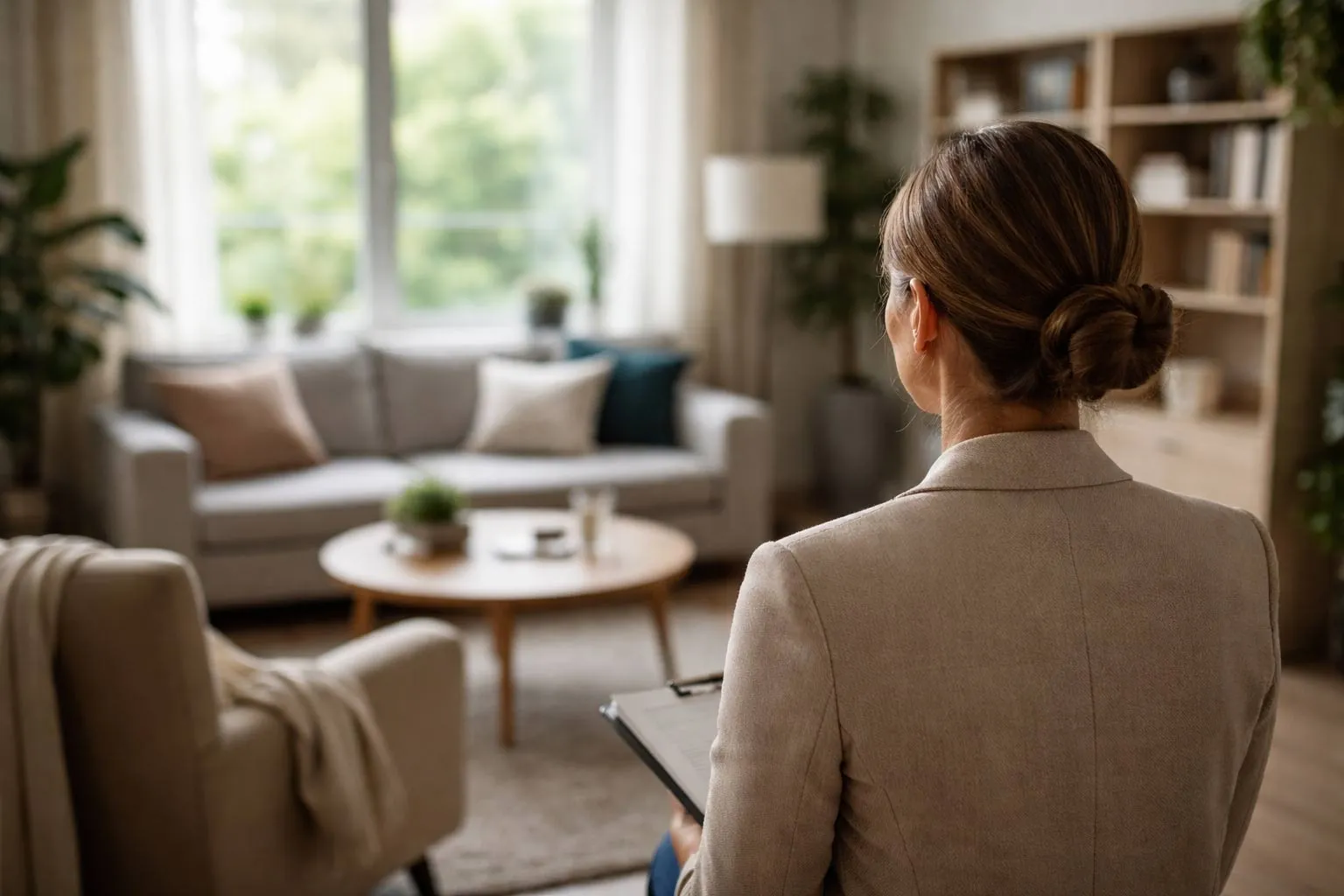 Person in a calm therapy setting representing trauma healing and recovery