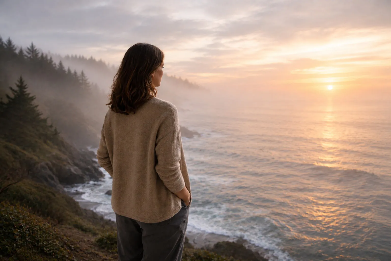A person standing at the edge of a misty coastline at dawn, looking out at an uncertain horizon