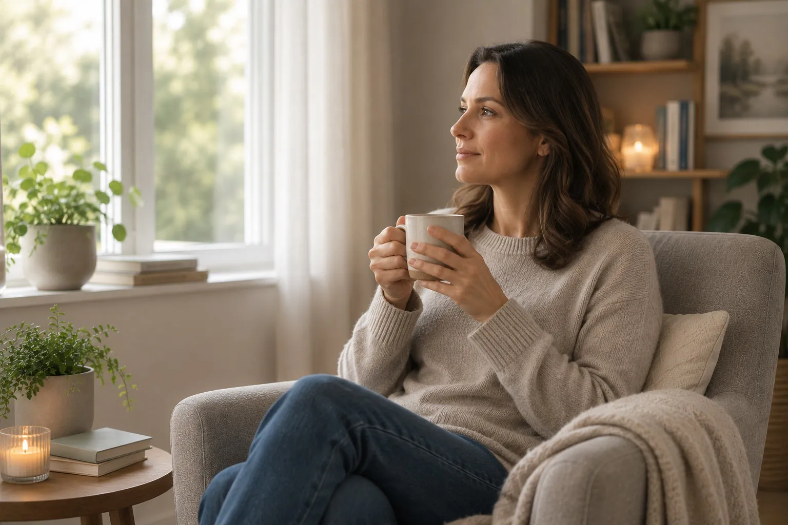 Person sitting quietly with a cup of tea, looking calm and reflective, representing recovery from health anxiety