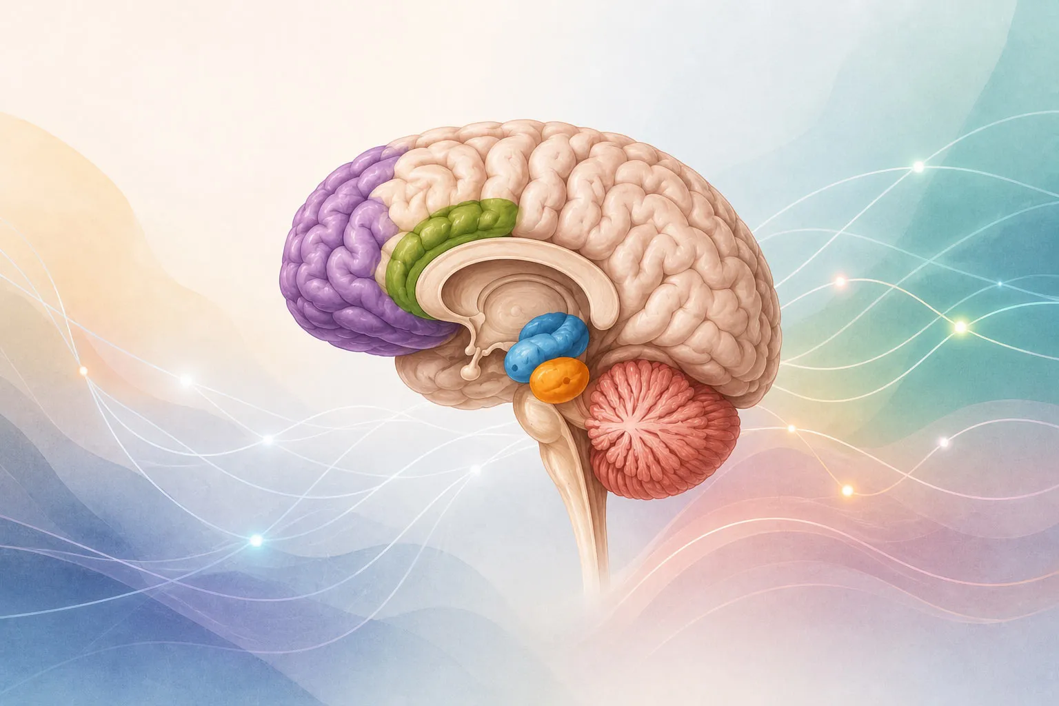 Illustration of brain regions involved in EMDR therapy and trauma processing