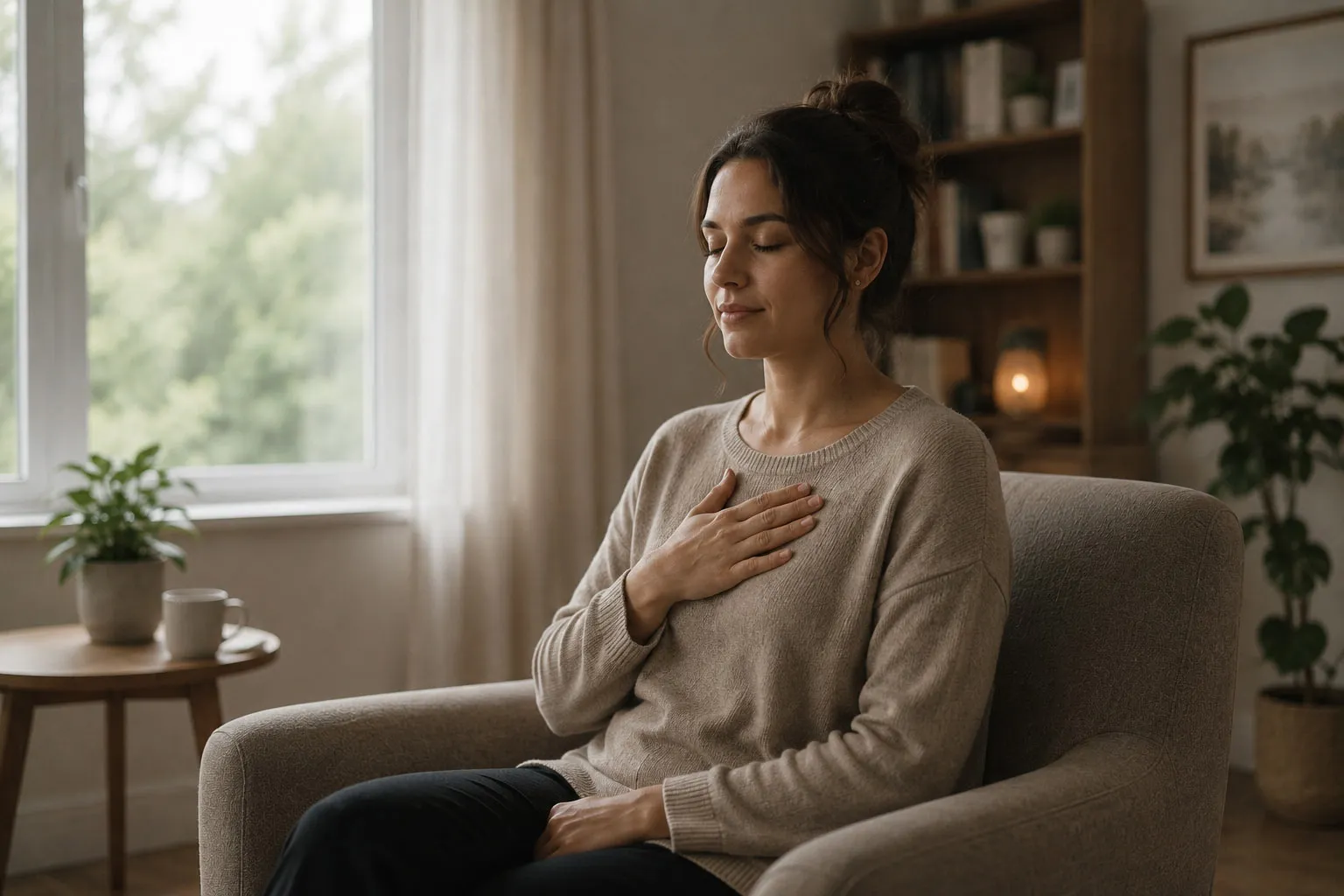 Person sitting quietly with a hand on their chest, representing calming self-talk and nervous system regulation