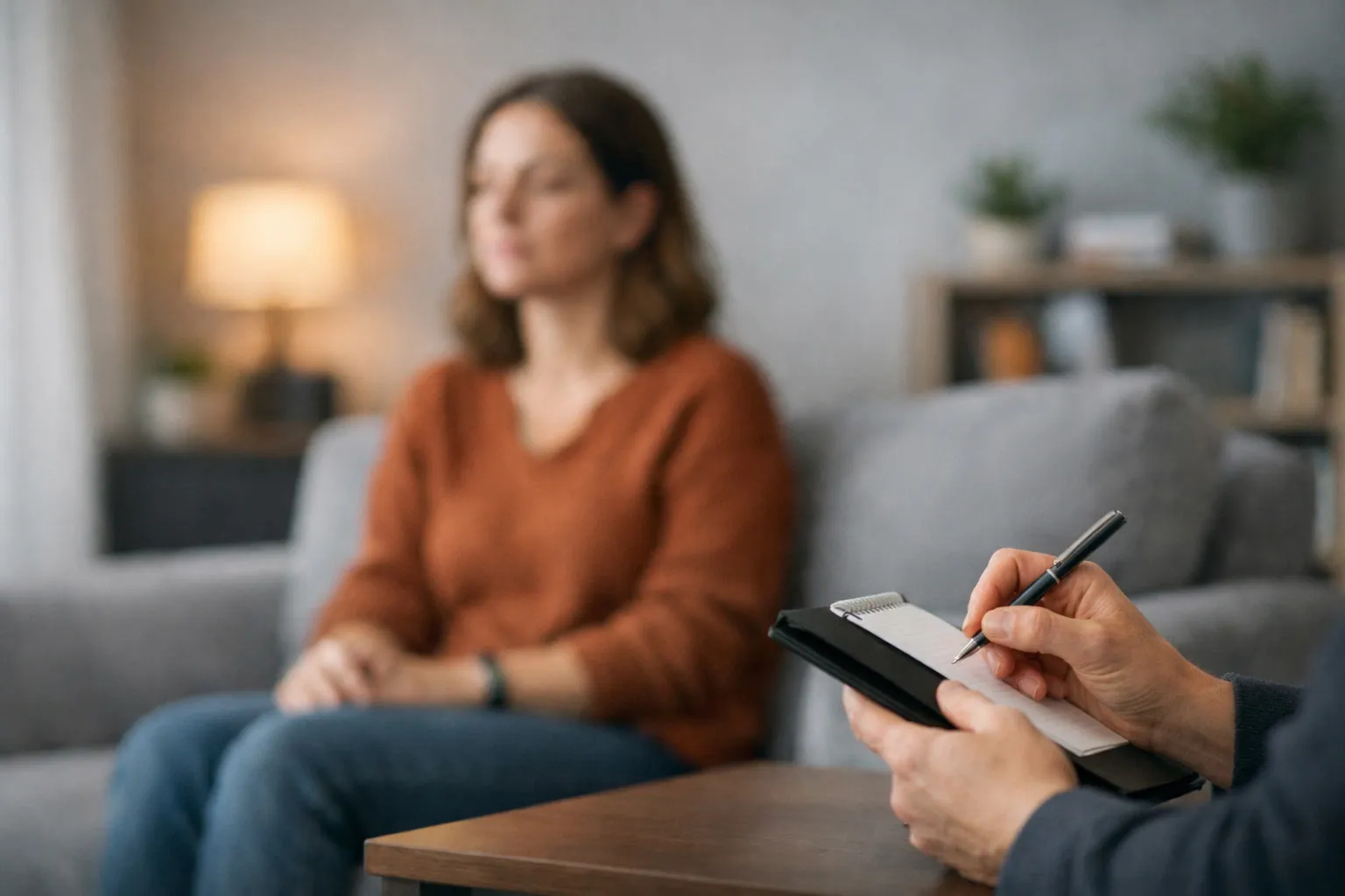 Calm therapy room setting representing a safe space for EMDR treatment